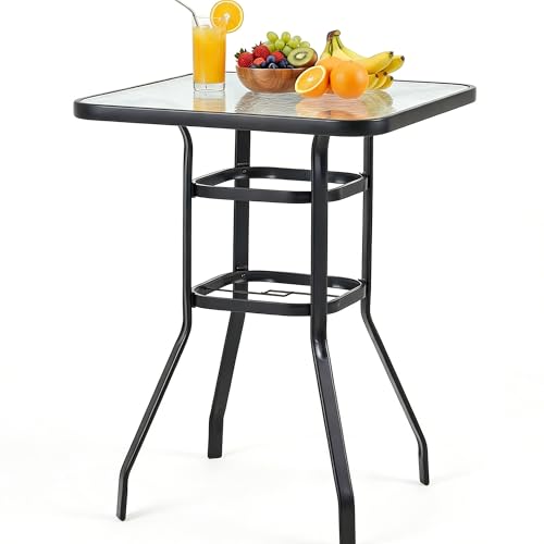 HOMREST 40" Patio Bar Table with Umbrella Hole, Outdoor High Top Table with Tempered Glass Top,Outdoor Square Bar Height Table with All-Weather Metal Frame for Patio,Backyard,Garden,Balcony