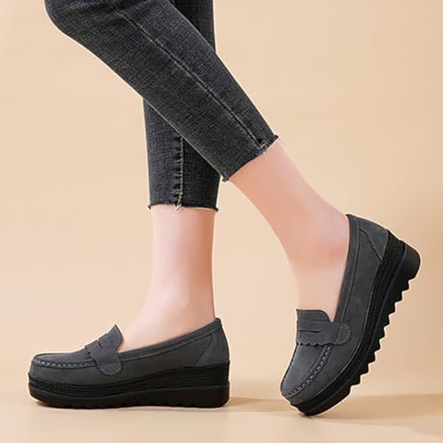 Image of Women's Retro Suede Casual Loafers Slip-On Comfort Wedge Walking Shoes Moccasin Lightweight Non-Slip Thick Sole Boat Shoes