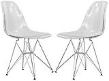 LeisureMod Cresco Acrylic Dining, Modern Chrome Eiffel Base and Curved Back Design, Ergonomic and Lightweight Accent Side Chair for Mid-Century Home, Kitchen, and Café (Clear, Set of 2)