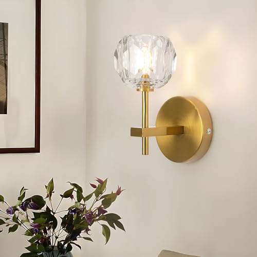 Image of Hudi Fyier Modern Crystal Wall Sconce, Brushed Brass Wall Light, Crystal Wall Lamp for Bedroom, Bathroom, Living Room, Hallway, Entrance