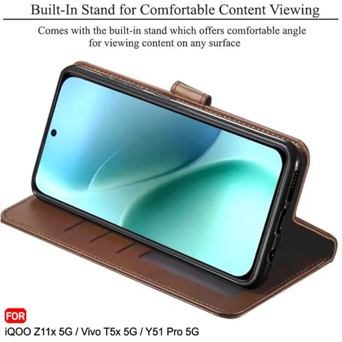 Image of TheGiftKart Flip Back Cover Case for iQOO Z11x 5G / Vivo T5x 5G / Vivo Y51 Pro 5G | Genuine Leather Finish | Designer Button | Inbuilt Pockets & Stand | Flip Back Case Cover (Faux Leather, Brown)
