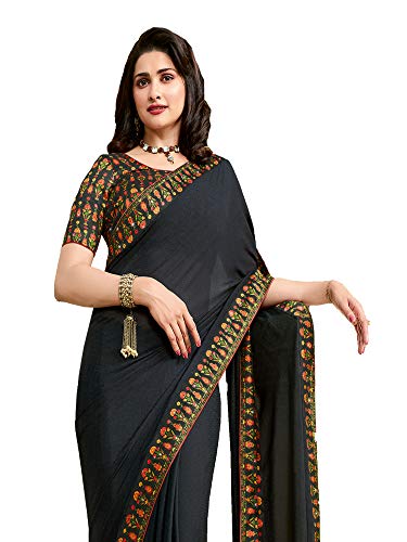Image of RAJESHWAR FASHION WITH RF Women's Solid Moss Pure Silk Saree For Women With Digital Print Lace Border & Blouse Piece