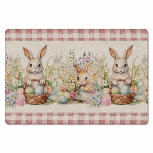 Easter Bunny Plaid Kitchen Bath Door Mat Cushioned Runner Rug,Washable Welcome Floor Sink Antifatigue Mat,Waterproof & Non-Slip Comfort Standing Doormat,Spring Garden Flower Eggs Herbs Pink 24