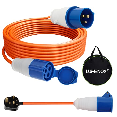 LUMENOX 15m Caravan Hook Up Cable Set 16A 240V Heavy Duty Extension Lead with 0.4M 3-Pin UK Plug Adapter 3-Core Copper Wire IP44 Waterproof for Campervans Motorhomes Caravans