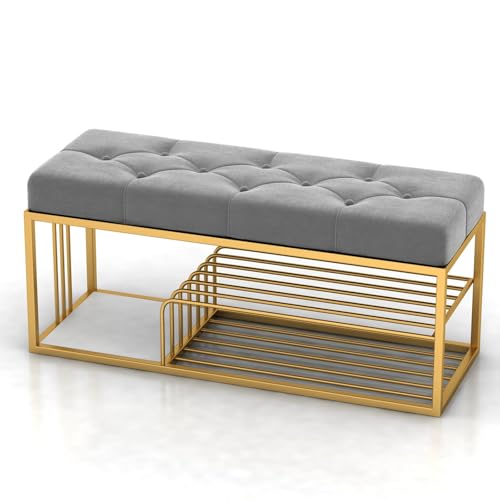 Petit banc à chaussures doré et gris avec assise rembourrée haut de gamme