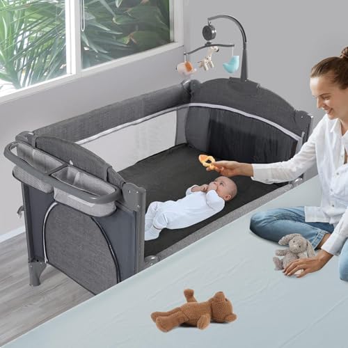 Image of 5 in 1 Baby Crib,Baby Bassinet, Bedside Cribs, Pack and Play with Bassinet and Changing Table, Portable Travel Baby Bassinet Toys & Music Box,Mattress for Girl Boy Infant Newborn (Grey)