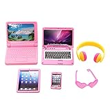 Joyfun 6 Pack Small Size Laptop Computer Tablet Phone Pad Glasses and Headset Doll Playset Simulation Accessories for 11.5 Inch Doll (Pink)