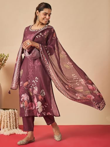 Image of INDO ERA Women's Linen Floral Printed Straight Calf Length Kurta & Pant with Dupatta Set (IESTR12259)