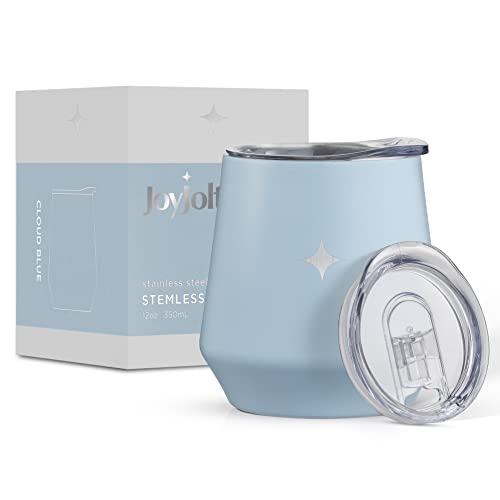 JoyJolt Tri-Insulated Wine Tumbler with Lid Pack. 12 oz Tumbler, Slider and Straw Lids. Vacuum Double Walled Stainless Steel Stemless Wine Glass, Copper Lined for Very Cold Drinks, Travel and Camping