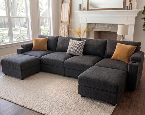 Image of Sectional Couches for Living Room FSC Certified Chenille Modular Couch Oversized Cloud U Shaped Convertible Sleeper Sofa Chaise Detachable Armrest Cushion (Chenille Grey, U Shape 6 Seat)