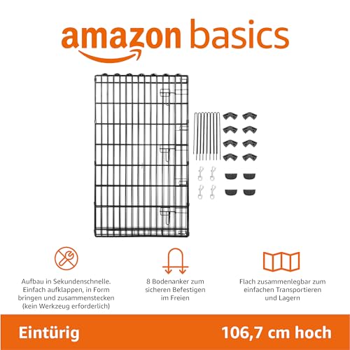 Amazon Basics Achteckig, Laufgehege für Hunde und andere Haustiere, faltbar, Metall, mit Tür,107 cm, Schwarzer