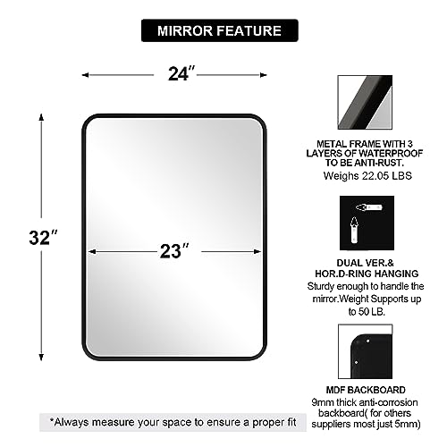 Image of ANDY STAR 24x32 INCH Black Bathroom Mirror, Black Bathroom Vanity Mirrors for Wall, Rounded Rectangle Mirror for Bathroom, Tube Metal Frame, 1'' Deep Wall Mounted Vertical /Horizontal