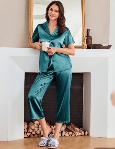 Image of Ekouaer Womens Satin Silky Capri Pajamas Short Sleeve Button Down Sleepwear