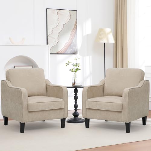 Image of choairy Accent Chairs Set of 2, Upholstered Living Room Chair with Side Pockets, Mid Century Modern Reading Chair for Bedroom, Comfy Armchair Single Sofa Side Chair for Office, Small Room, Light Brown