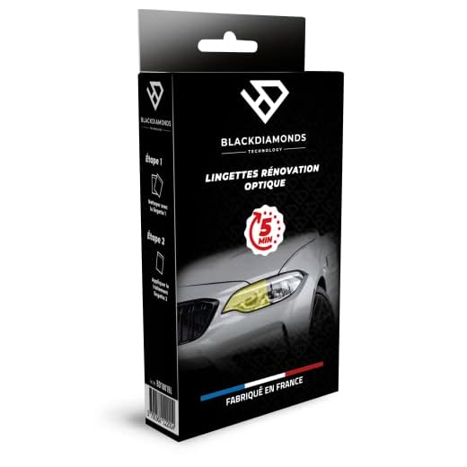 BlackDiamonds - Kit de Rénovation des Optiques et des Phares - Fabricant Français Notre Formule Exclusive Permet en 5 Minutes de Retrouver l’ECLAT du Neuf - 3 Lingettes