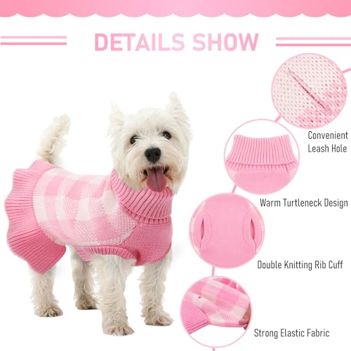 Dog Sweater Dress Plaid Knitwear for Small Medium Dogs Warm Puppy Pet Turtleneck Stretch Pullover Cute Fall Winter Vest Clothes with Leash Hole for Christmas (Pink, 2XS) - Image 4