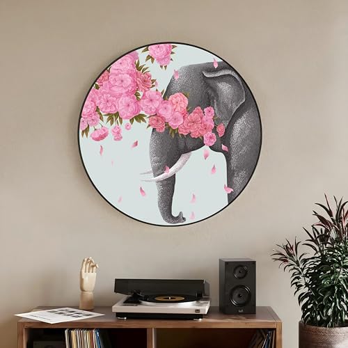 Image of PAINTINGMANTRA Elephant with Pink Flowers Round Large Wall Art Painting for Living Room Decoration, Circular Gold Metal Finish Stylish Large Wall Art Print for Wall Decor (22x22 Inches)
