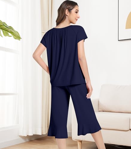 Image of NACHILA Pajamas for Women-Viscose Made from Bamboo,Short Sleeve Sleepwear Cooling Pjs Top with Capri Pants Pajama Sets