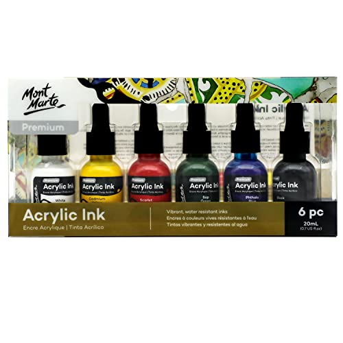 Mont Marte Acrylic Ink Premium 6pc x 20ml (0.7 US fl.oz), Acrylic Inks for Artists Essential Colours
