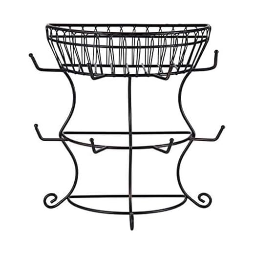 Gourmet Basics by Mikasa French Countryside Metal Mug Tree with Storage Basket, Antique Black, 14.75-Inch - 5154681