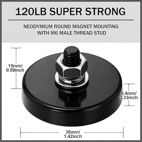 Image of Flutesan 8 Pieces Heavy Duty Round Mounting Magnet with Bolt 1.42in-120lb-m6 Black with Male Thread Stud Strong Earth Magnet Super Powerful for Lighting Camera Brackets License Plate
