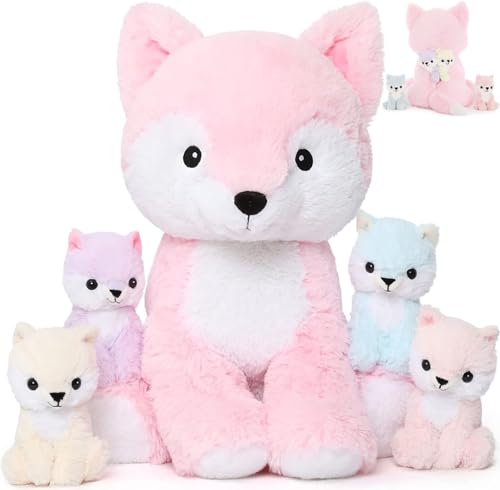 Image of MorisMos Pink Fox Stuffed Animal Set, Soft 19 Inch Mommy Stuffed Fox Plush Toys with Baby Inside, Cute Fox Plushie Gift for Girls, Women, Kids Birthday, Christmas