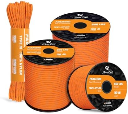 Abma Cord Paracord 550 4mm Nylon Rope (15m-30m-50m-100m) Type III 7 Strands Parachute Cord Top 45 Hot Colors - Max. 250kg - Black, 30m