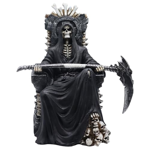 Grim Reaper Skeleton Sitting on Throne with Scythe Statue Gothic Halloween Home Decor Figurine