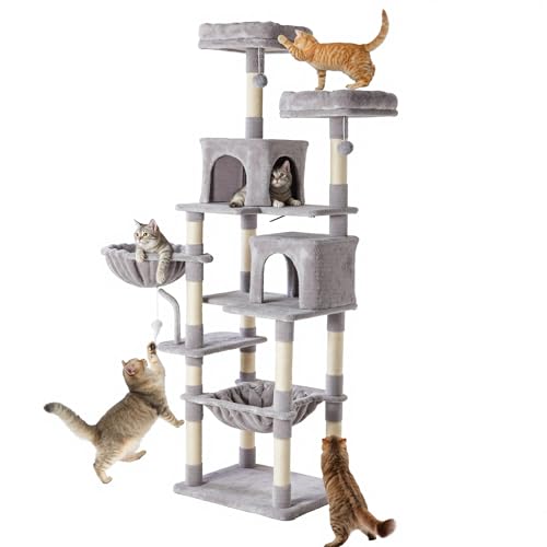 Image of Sweetcrispy 71 inch Cat Tree Tower, Large Multi Level Cat Climbing Tower with Condo, Natural Sisal Scratching Posts, Platform, Hammock, Basket, Tall Pet Tree House for Indoor Cats Play, Light Grey