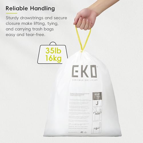 Image of EKO 12.9 Gallon / 45-49 Liter, 110 Count Drawstring Trash Bags, Extra-Strong Unscented Garbage Bags, Easy-Dispense Roll for Kitchen & Household Use, Resists Tears, Leaks and Punctures, Code J, White