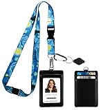 Vincent Van Gogh the Starry Night Print Lanyard with PU Leather ID Badge Holder Wallet with 3 Card Pockets, Safety Breakaway Clip and Matching Note Card. Carabiner Keychain Flashlight.