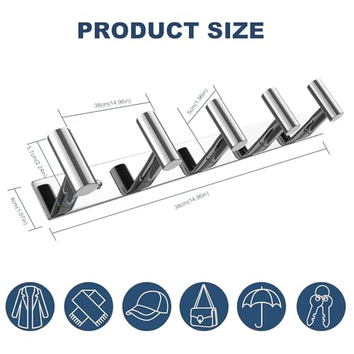Image of VAEHOLD Hat and Coat Wall Mount Rack - Hooks for Robes, Bags, Keys, and Towels - Bathroom Towel Hanger Organizer (Polished Chrome, inchT inch Shape 5 Hooks 1 Pack)
