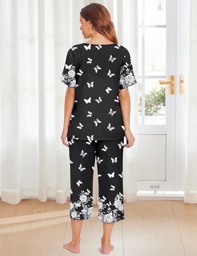Image of Ekouaer Women's Two Piece Lounge Set Short Sleeve Shirt and Capri Pants Mumu Pajama with Pockets Loungewear Pjs Sets S-2XL