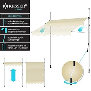 KESSER® Clamp Awning with Hand Crank for Balcony, Balcony Screen, no Drilling, UV-Resistant, Height-Adjustable, Water-Repellent, Sun Protection, Patio Canopy, Easy Assembly 300 cm KESSER Clamp Awning with Hand Crank for Balcony Balcony Screen no Drilling UV Resistant Height Adjustable Water Repellent Sun Protection Patio Canopy Easy Assembly 300 cm