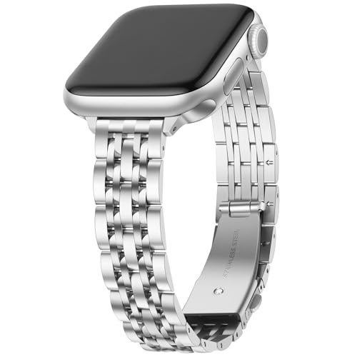 Image of Anlinser Metal Bands Compatible with Apple Watch Band for Women 49 /46 /45 /44 /42 /41 /40 /38mm, Thin Band Designed for iWatch Series 11 10 9 8 7 6 5 4-1 SE (42 /41 /40 /38mm, Silver)