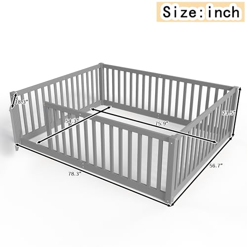 Image of Bellemave Full Size Kids Montessori Floor Bed with Door,Solid Wood Floor Bed Frame with High Fence for Girls,Boys,Gray