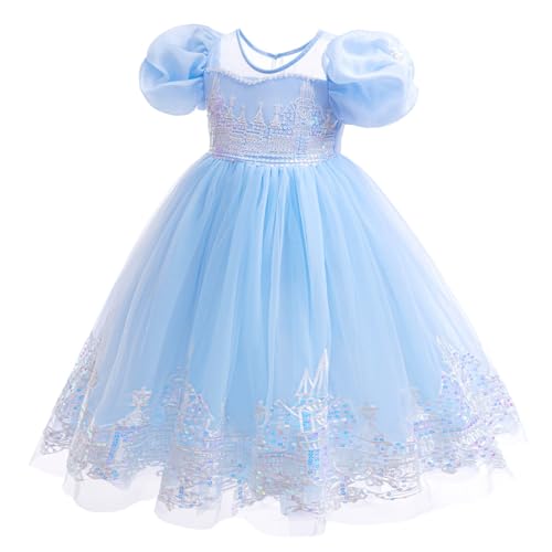 Girls' Short-Sleeved Party Dress,Frozen Princess Elsa Dress up, Tulle Ball Gown, Blue3