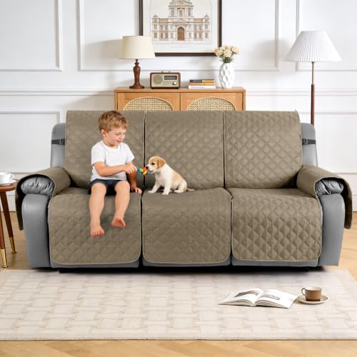 Image of TAOCOCO 100% Waterproof Recliner Covers With Leg Straps, Reversible Recliner Couch Cover For Reclining Chair, Washable Couch Protector For Pets Kids (3 Seater, Khaki)