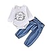 Produktbild Oliviavane Baby Kleidung Set Spielanzug Baby Mädchen Brief Strampler + Bowknot Jeans Hosen Outfits (3 M-24 M) Baby Langarm Brief Gedruckt Overall + Bogen Einfarbig Jeans Set