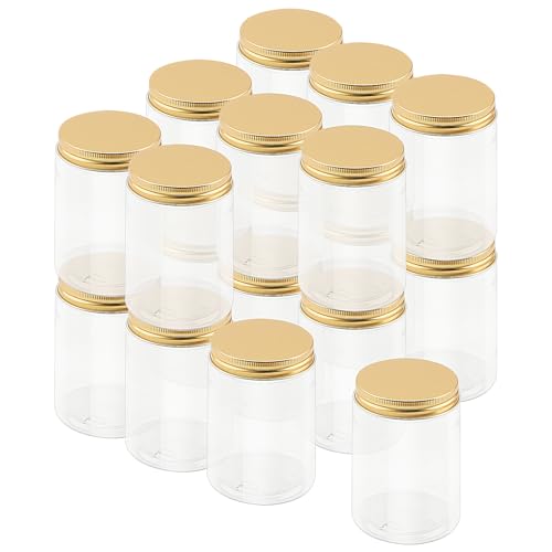 LEXININ Confezione da 18 barattoli in plastica trasparente da 300 ml con coperchi in alluminio dorato, a bocca larga, contenitori vuoti in plastica per alimenti, spezie, 2306032