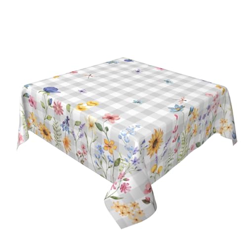 Floral Tablecloth Square 54 Inch Grey Buffalo Plaids Wildflower Butterfly Table Cloth Polyester Fabric Vintage Farmhouse Spring Summer Flowers Tablecover for Kitchen Party Dining Picnic Outdoor Decor