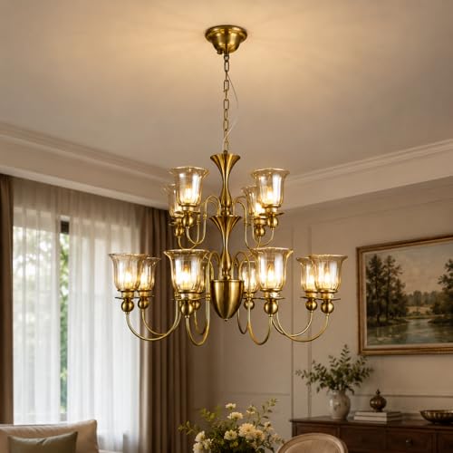Image of Luxury Italian Chandelier Light, 12-Light Champagne Glass, Brass Finish for Dining Hall, Drawing Room, Lobby, Hall, Cafe, Hotel with Filament Bulbs, Gold