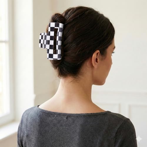 4 Pack Checkerboard Hair Claw Clips, Joeysisi Glossy PVC Medium Rectangle Non Slip Hair Jaw Clips, French Style Strong Hold Hair Accessories for Medium Thick Hair Women Daily Casual Hairstyle — view 5