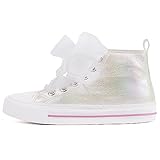 HugRain Kids Girls Sneakers Walking Shoes Bowknot Pearl Ribbon Lace Up Adorable Sparkle Glimmer Glitter Lightweight High Top Classic Non-Slip Outdoor White Size 11