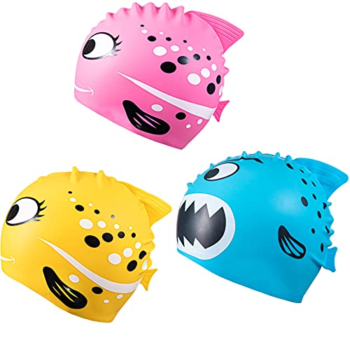 3 Pieces Silicone Kids Swimming Cap Shark Pattern Silicone Swim Caps Elastic Silicone Waterproof Swimming Hats For Long And Short Hair Kids Children Boys Girls Toddler (Yellow, Pink, Lake Blue) #TOP6