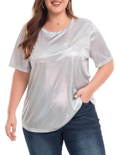 Women's Plus Size Shiny Metallic Shirt Sparkly Tops Holographic Party Disco Tee Rock Concert Glitter Shirt XL~5XL4