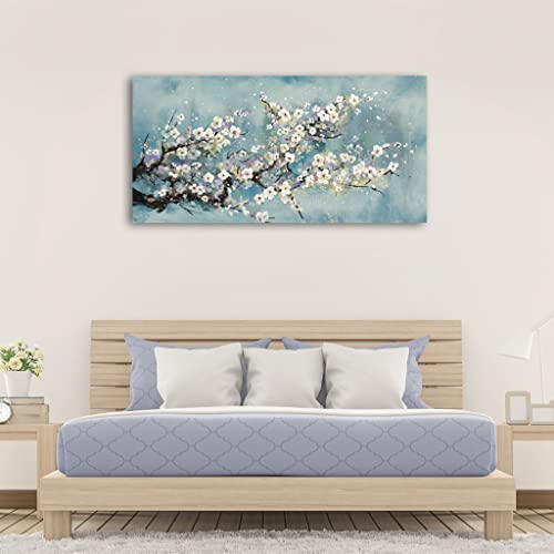 Flowers Wall Art Plum Blossom Canvas Art Botanical Floral Canvas Pictures Grey Blue Canvas Artwork For Bedroom Living Room Bathroom Kitchen Office Home Wall Decor Framed Ready To Hang 20" X 40" #TOP3
