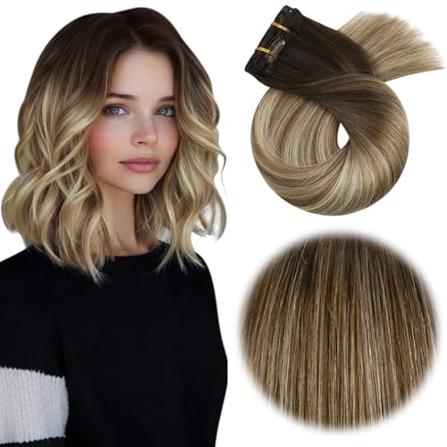 Image of Moresoo Clip in Hair Extensions Brown Blonde Balayage for Fine Hair | Hair extensions clip ins short, ombre dark to light brown with bleach blonde, 12 inch 80g 5pcs for short daily styles