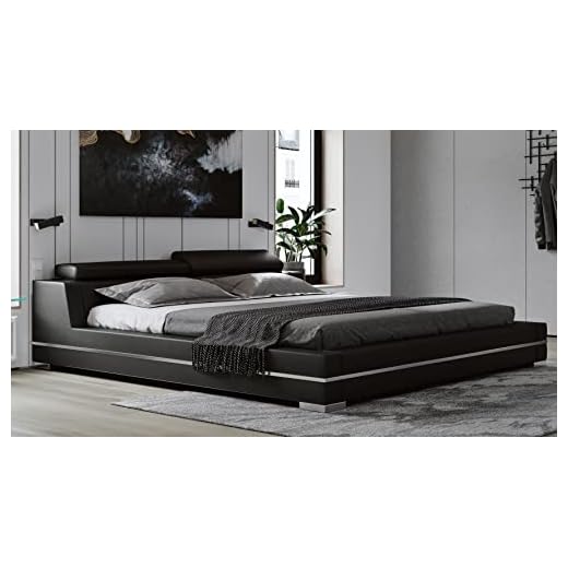 Zuri Hera Genuine Black Leather Platform Bed with Adjustable Headrests - King