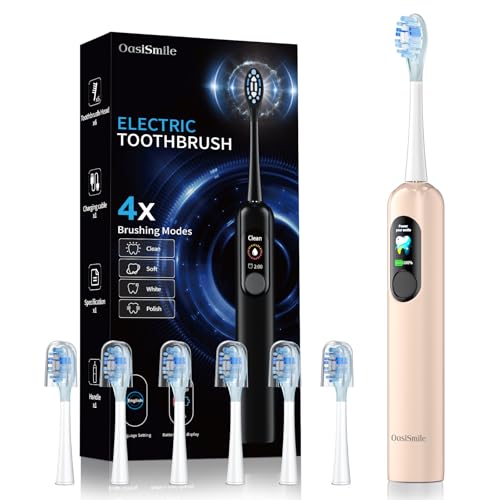 OasiSmile Sonic Electric Toothbrush with LED Smart Display, Rechargeable Toothbrush with 6 Brush Heads, 4 Modes, 38400 VPM Deep Cleaning, 45-Day Battery, IPX7 Waterproof, 2-Min Timer for Home Travel